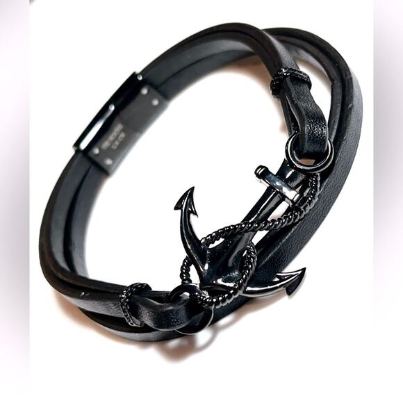 NEW He Rocks Mens BRACELET 8.5” Black Stainless Anchor 4 Leather Wrap Bands - Picture 7 of 7